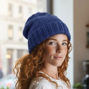 Hat Beanie Slouchy Hand Crafted Blue Knit Acrylic Winter Essential Unisex
